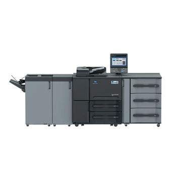 A TROY 7120 MICR AccurioPress production printer with finishing attachments, in gray and black color.
