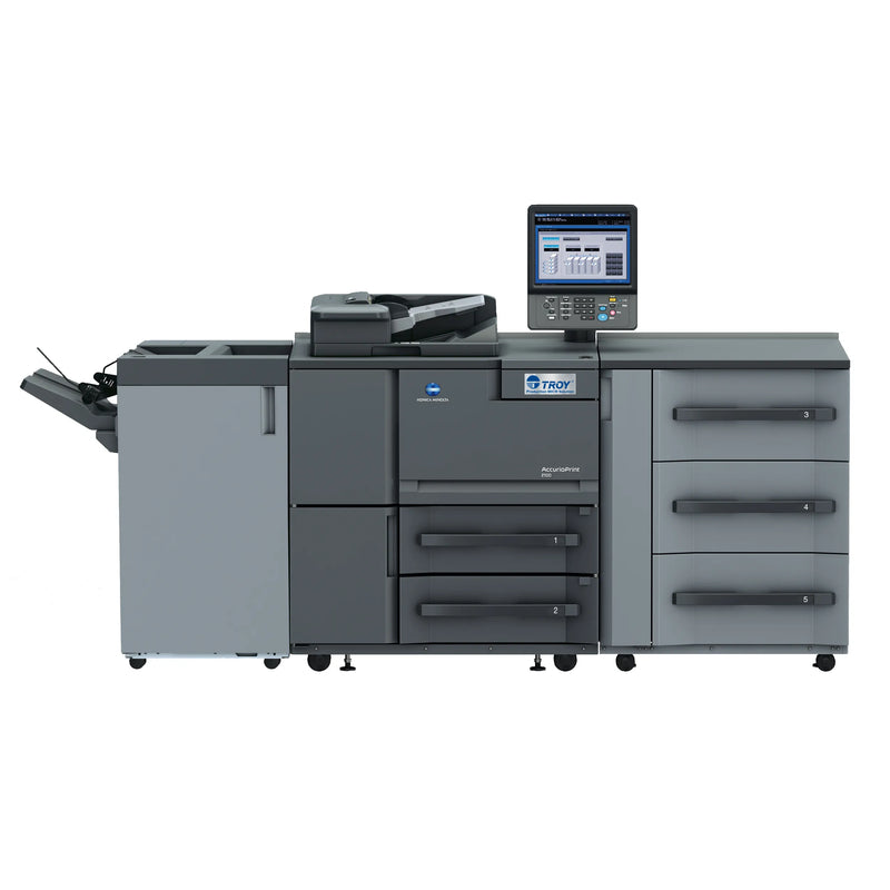 A TROY 2100 MICR AccurioPrint production printer with a control panel and paper trays